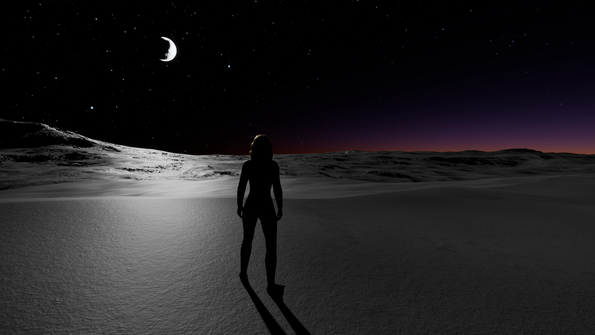 Aetheria at sunset with Selene contributing measured celestial light.
