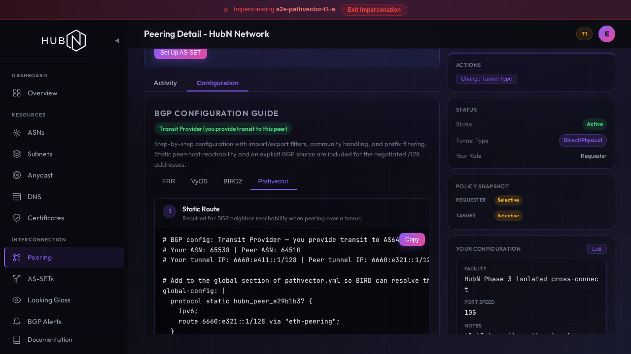 The configuration tab for an active test session, showing the generated Pathvector steps, the session role and the policy snapshot used to create them.