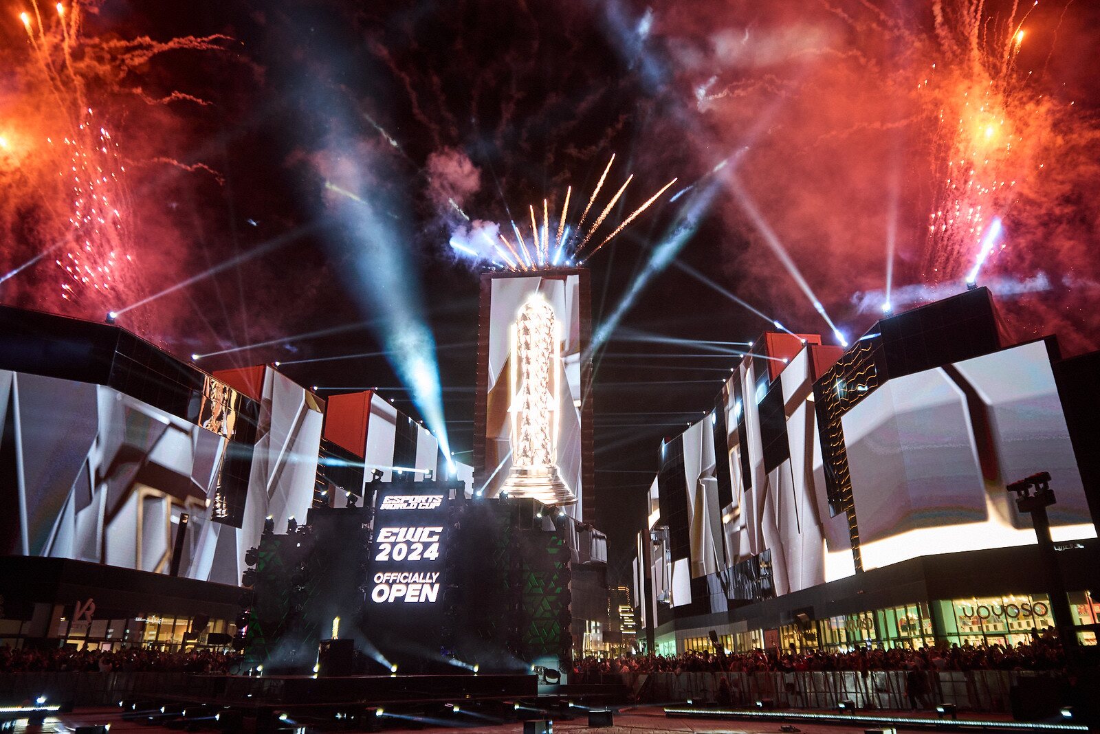 The Esports World Cup 2024 opening show in Riyadh, with the trophy installation, crowd, lights and fireworks.