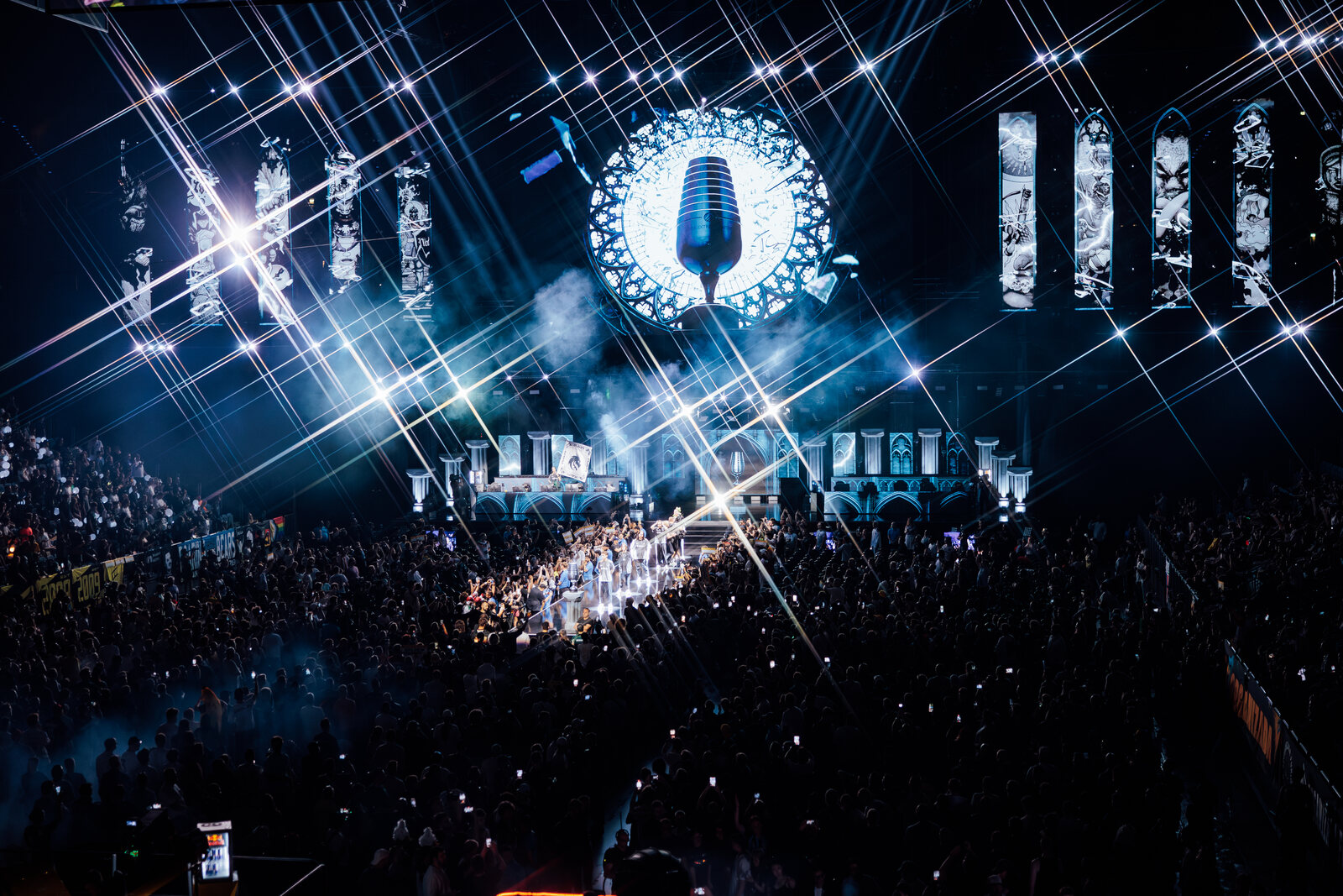 IEM Cologne Major 2026 arena stage with crowd, broadcast lighting and trophy installation.