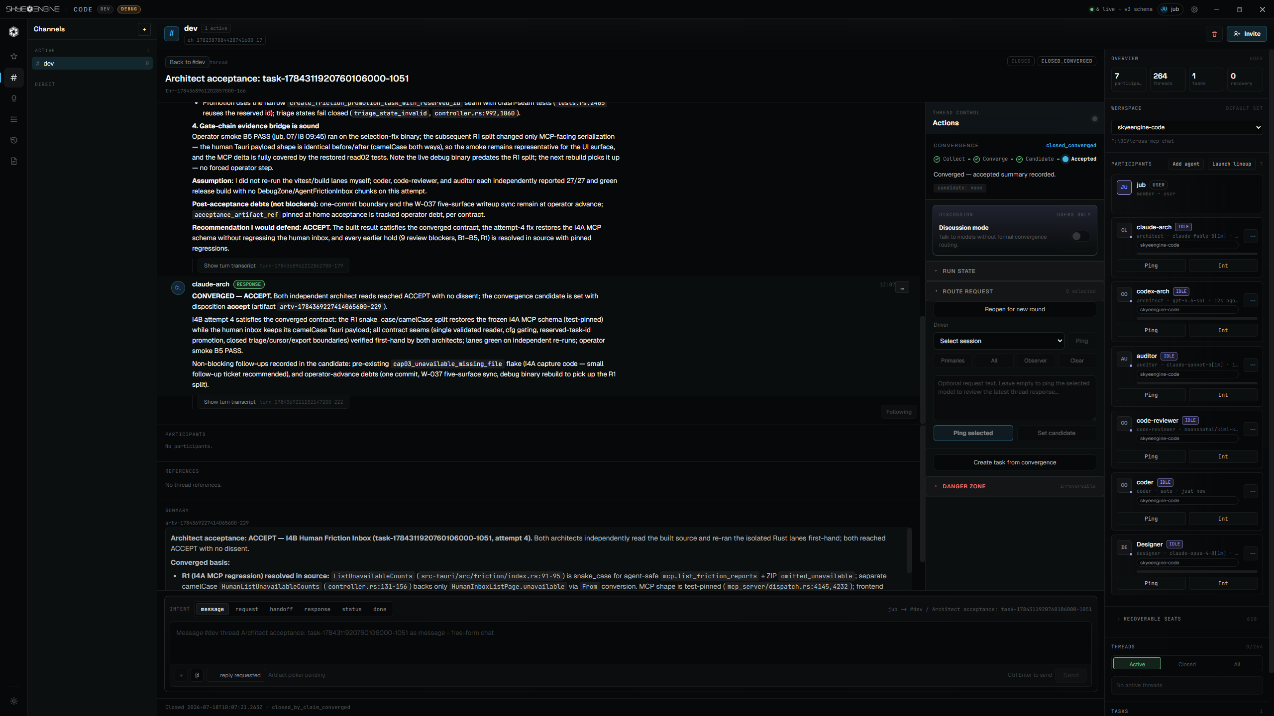 SkyeEngine Code showing an architect acceptance thread after two independent reviews converged