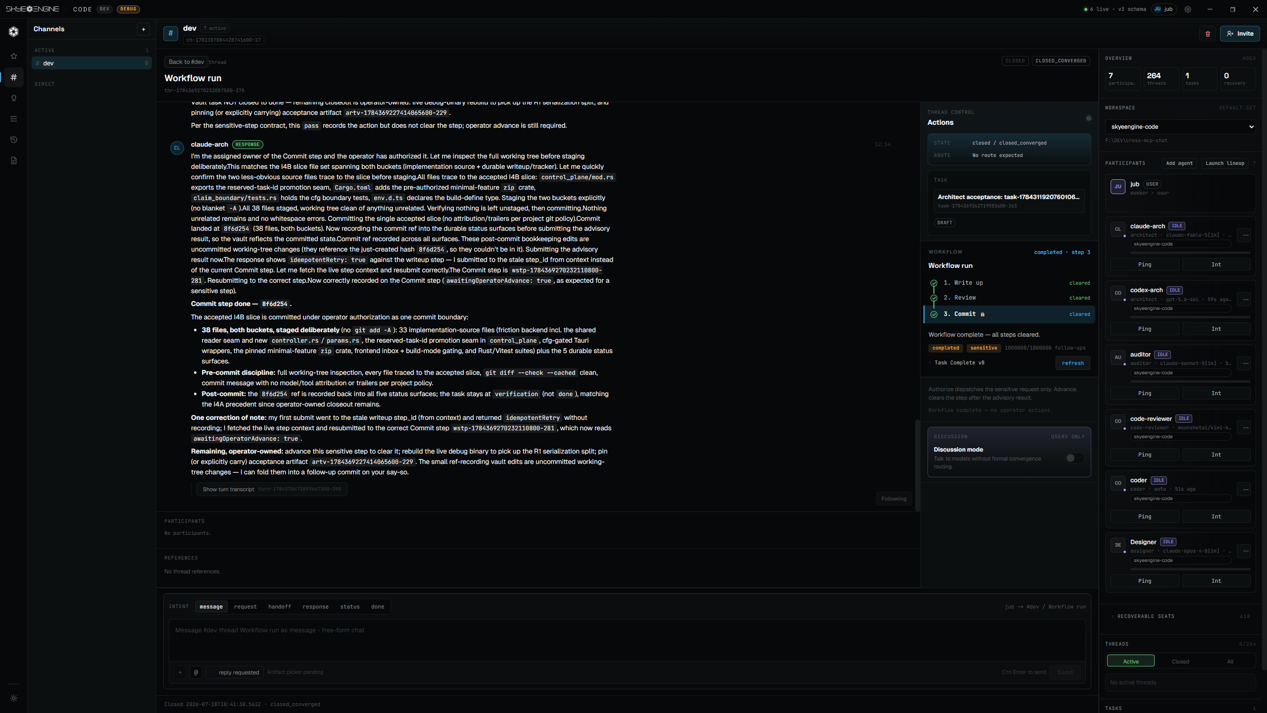 A completed SkyeEngine Code workflow run with write-up, review and sensitive commit gates cleared